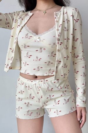 French Sweet Bunny Print Cami Pajama Cardigan and Shorts Loungewear Set for Women – Cute and Comfy Sleepwear Outfit