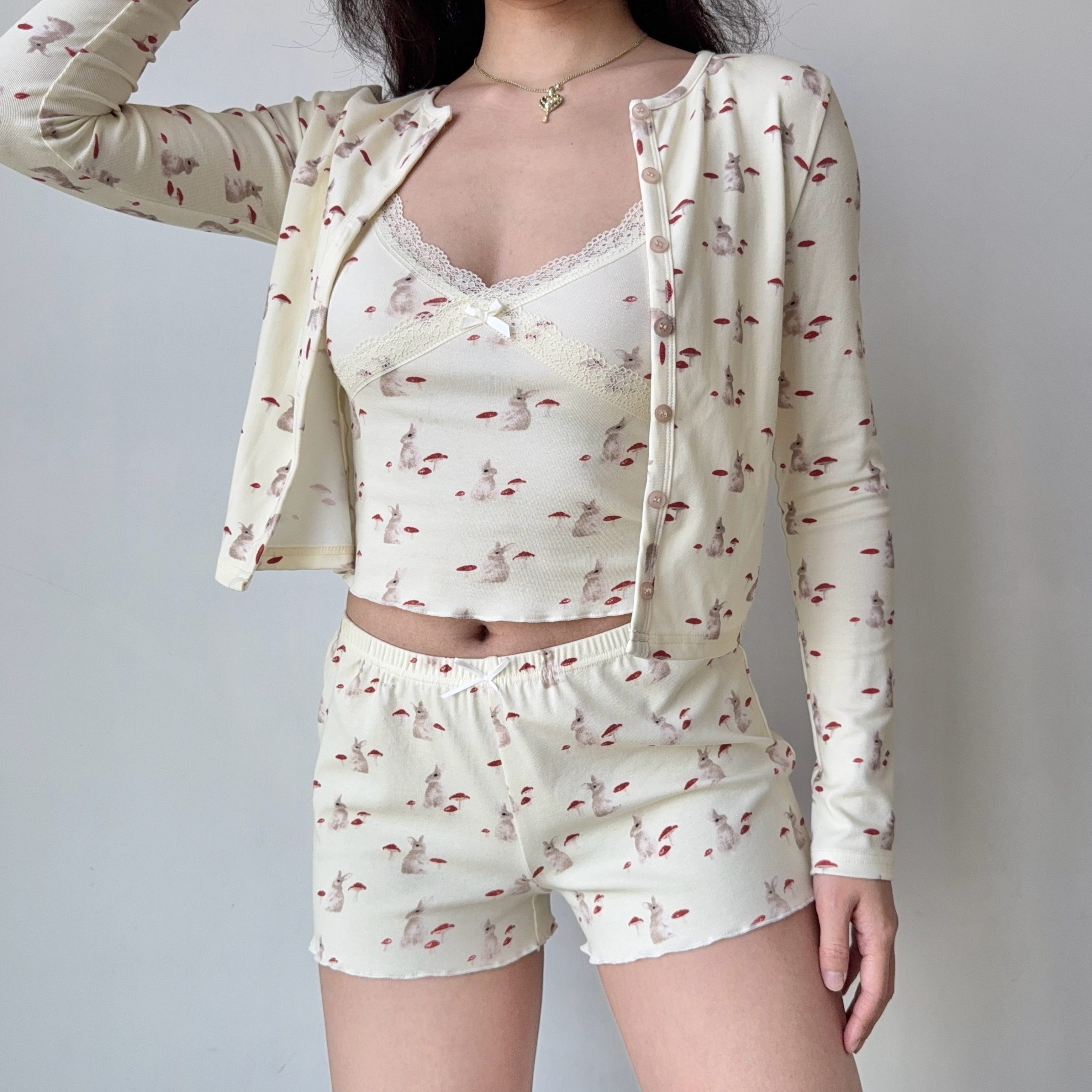 French Sweet Bunny Print Cami Pajama Cardigan and Shorts Loungewear Set for Women – Cute and Comfy Sleepwear Outfit French Sweet Bunny Print Cami Pajama Cardigan and Shorts Loungewear Set for Women – Cute and Comfy Sleepwear Outfit