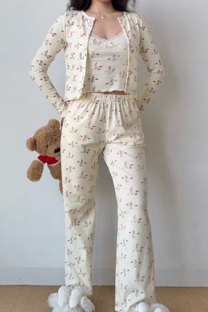 French Sweet Bunny Print Cami Pajama Cardigan and Shorts Loungewear Set for Women – Cute and Comfy Sleepwear Outfit