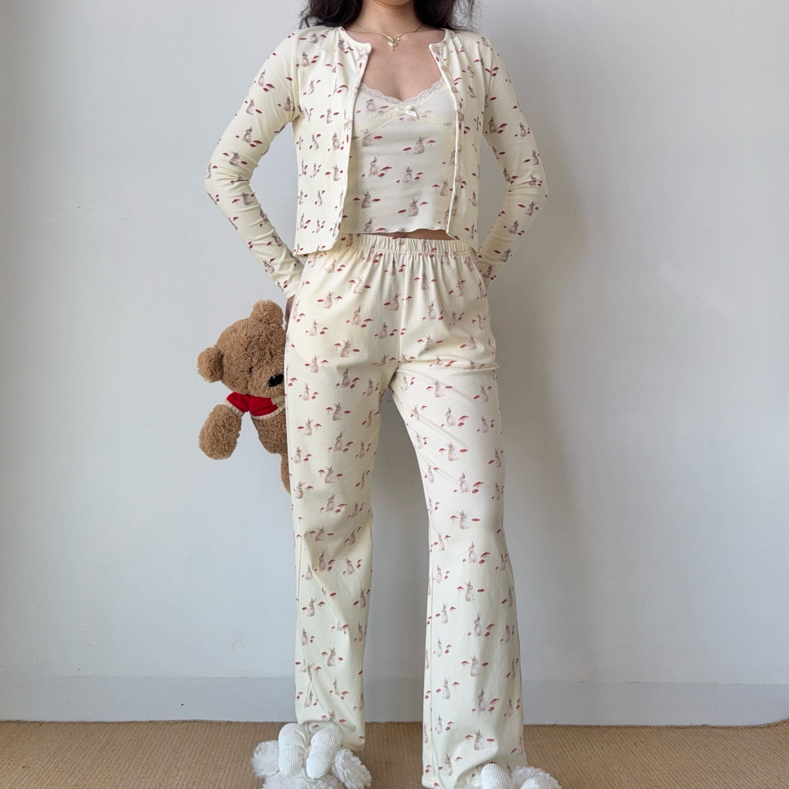 French Sweet Bunny Print Cami Pajama Cardigan and Shorts Loungewear Set for Women – Cute and Comfy Sleepwear Outfit French Sweet Bunny Print Cami Pajama Cardigan and Shorts Loungewear Set for Women – Cute and Comfy Sleepwear Outfit