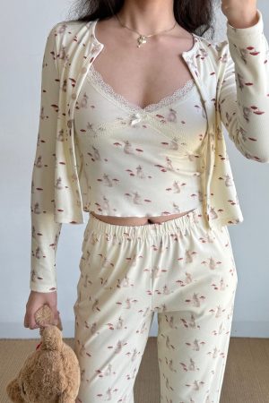 French Sweet Bunny Print Cami Pajama Cardigan and Shorts Loungewear Set for Women â€“ Cute and Comfy Sleepwear Outfit