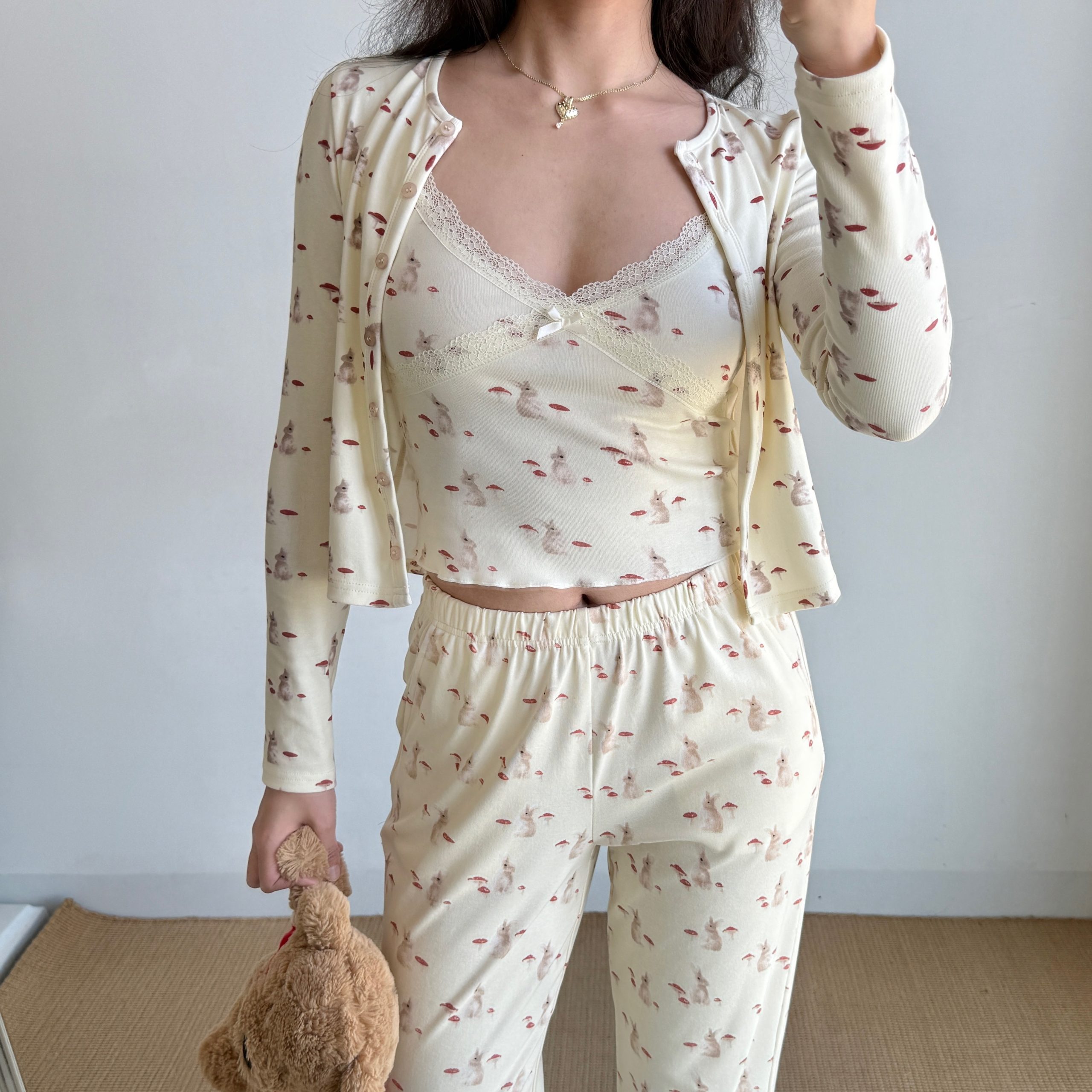 French Sweet Bunny Print Cami Pajama Cardigan and Shorts Loungewear Set for Women – Cute and Comfy Sleepwear Outfit French Sweet Bunny Print Cami Pajama Cardigan and Shorts Loungewear Set for Women – Cute and Comfy Sleepwear Outfit