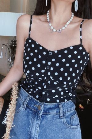 French Vintage Black Polka Dot Thin Strap Camisole Top for Women - 2025 Spring/Summer Vacation Style, Y2K Fashion