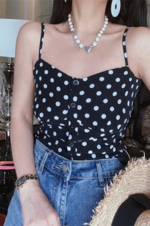 French Vintage Black Polka Dot Thin Strap Camisole Top for Women - 2025 Spring/Summer Vacation Style, Y2K Fashion