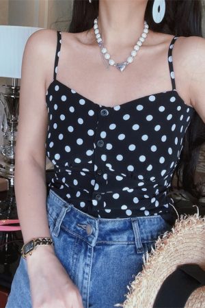 French Vintage Black Polka Dot Thin Strap Camisole Top for Women - 2025 Spring/Summer Vacation Style, Y2K Fashion