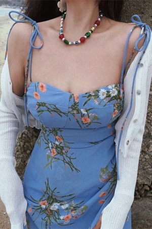 French Vintage Blue Floral Bodycon Dress with Spaghetti Straps and Sexy Split Hem for Vacation - 2024 Fashion