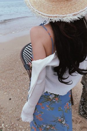 French Vintage Blue Floral Bodycon Dress with Spaghetti Straps and Sexy Split Hem for Vacation - 2024 Fashion