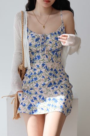French Vintage Blue Floral Tie Strap Bodycon Mini Dress for Women - Slim Fit 90s Inspired Fashion