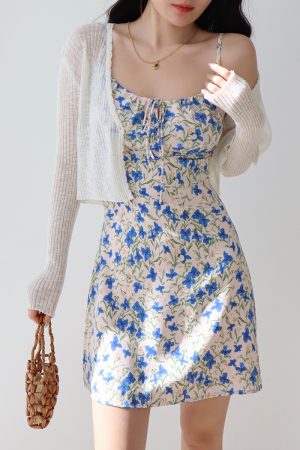 French Vintage Blue Floral Tie Strap Bodycon Mini Dress for Women - Slim Fit 90s Inspired Fashion