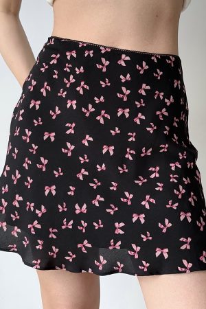 French Vintage Bow Print A-line Skirt for Women - Slim Fit Short Skirt with Y2K Style