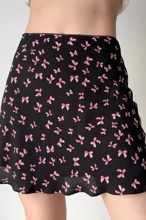 French Vintage Bow Print A-line Skirt for Women - Slim Fit Short Skirt with Y2K Style