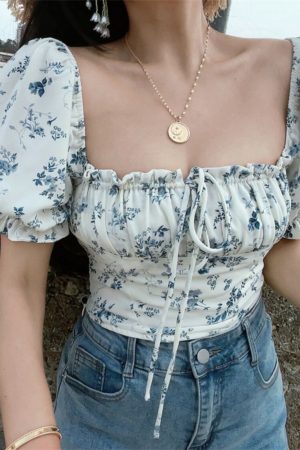 French Vintage Drawstring Tie Square Neck Puff Sleeve Waist-Exposing Short Sleeve Top for Vacation - Spring/Summer 2025 Fashion