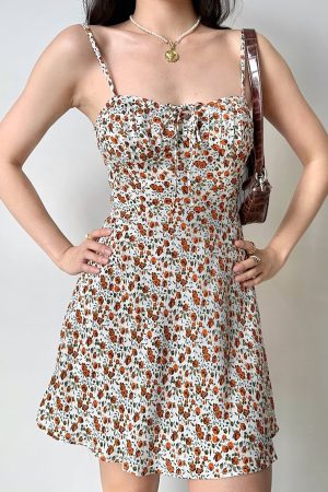 French Vintage Floral Cami Dress for Women - A-Line Short Vacation Dress in 90s Style
