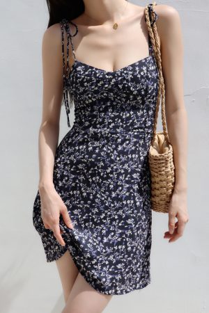 French Vintage Floral Dress for Women - Dark Blue V-Neck, Slim-Fit, Waist-Cinching Wrap, Spaghetti Straps, Short Y2K Style