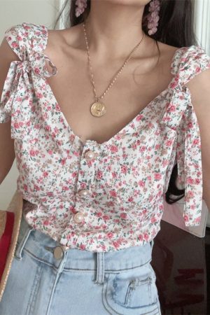 French Vintage Floral V-Neck Tie-Up Sleeveless Shirt Top for Vacation - 2025 Spring/Summer Romantic Style