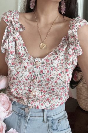 French Vintage Floral V-Neck Tie-Up Sleeveless Shirt Top for Vacation - 2025 Spring/Summer Romantic Style