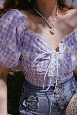 French Vintage Front Tie Daisy Print Square Neck Puff Sleeve Shirt Top for Spring/Summer 2025 - Chic 90s Inspired Fashion