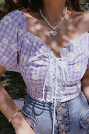 French Vintage Front Tie Daisy Print Square Neck Puff Sleeve Shirt Top for Spring/Summer 2025 - Chic 90s Inspired Fashion