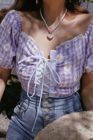 French Vintage Front Tie Daisy Print Square Neck Puff Sleeve Shirt Top for Spring/Summer 2025 - Chic 90s Inspired Fashion
