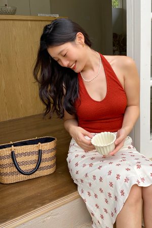 French Vintage Halter Neck Backless Crop Top for Women â€“ Summer Sexy Vest with Chest Pad, Y2K Style