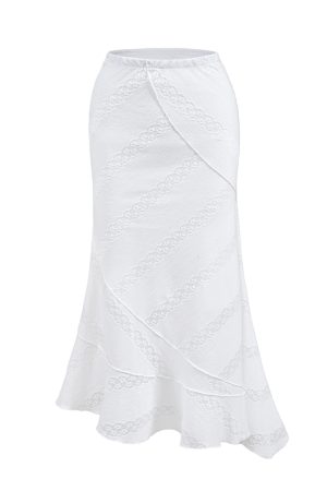 French Vintage Lace Mermaid Skirt with Irregular Hem - White Long Skirt for Boho and Y2K Style