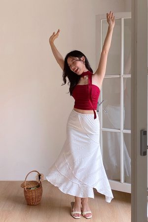 French Vintage Lace Mermaid Skirt with Irregular Hem - White Long Skirt for Boho and Y2K Style