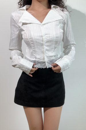 French Vintage Lace Trim High-Waisted Short Long Sleeve Shirt Top in Pure White - Cute Sweet Style for 90s Inspired Looks