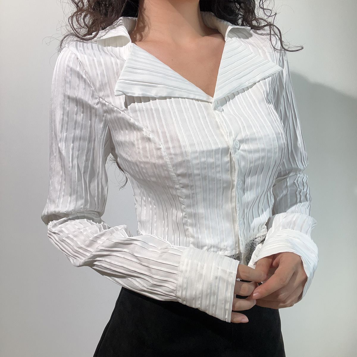 French Vintage Lace Trim High-Waisted Short Long Sleeve Shirt Top in Pure White - Cute Sweet Style for 90s Inspired Looks