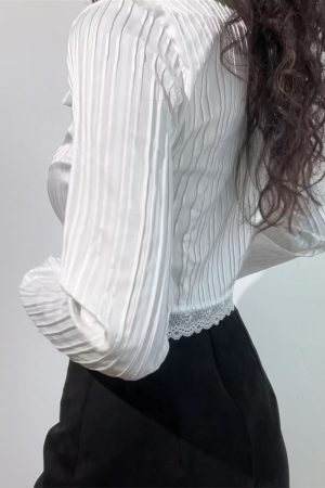 French Vintage Lace Trim High-Waisted Short Long Sleeve Shirt Top in Pure White - Cute Sweet Style for 90s Inspired Looks
