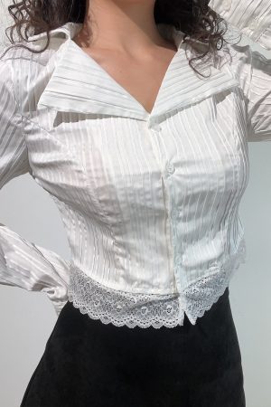 French Vintage Lace Trim High-Waisted Short Long Sleeve Shirt Top in Pure White - Cute Sweet Style for 90s Inspired Looks