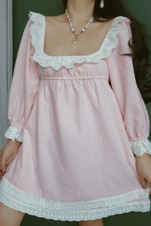 French Vintage Lace Trim Square Neck Vacation Dress - Chenopod Sweet Powder Moonlight 2025 Spring/Summer, Y2K Style