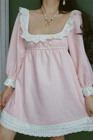 French Vintage Lace Trim Square Neck Vacation Dress - Chenopod Sweet Powder Moonlight 2025 Spring/Summer, Y2K Style