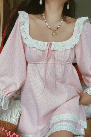 French Vintage Lace Trim Square Neck Vacation Dress - Chenopod Sweet Powder Moonlight 2025 Spring/Summer, Y2K Style