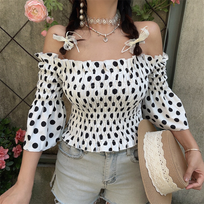 French Vintage One-Shoulder Big Polka Dot Bell Sleeve Blouse - Handmade Spring/Summer Vacation Top for Women French Vintage One-Shoulder Big Polka Dot Bell Sleeve Blouse - Handmade Spring/Summer Vacation Top for Women