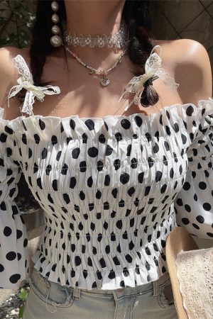French Vintage One-Shoulder Big Polka Dot Bell Sleeve Blouse - Handmade Spring/Summer Vacation Top for Women