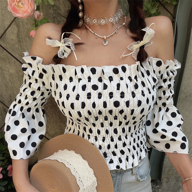 French Vintage One-Shoulder Big Polka Dot Bell Sleeve Blouse - Handmade Spring/Summer Vacation Top for Women French Vintage One-Shoulder Big Polka Dot Bell Sleeve Blouse - Handmade Spring/Summer Vacation Top for Women