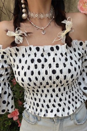 French Vintage One-Shoulder Big Polka Dot Bell Sleeve Blouse - Handmade Spring/Summer Vacation Top for Women