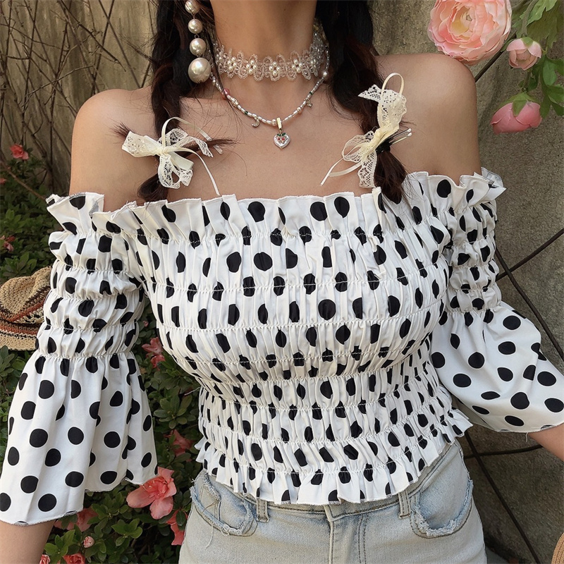 French Vintage One-Shoulder Big Polka Dot Bell Sleeve Blouse - Handmade Spring/Summer Vacation Top for Women French Vintage One-Shoulder Big Polka Dot Bell Sleeve Blouse - Handmade Spring/Summer Vacation Top for Women