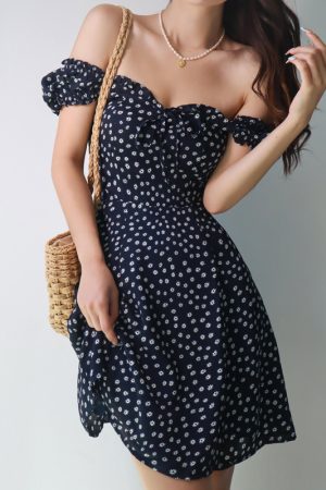 French Vintage One-Shoulder Floral Dress for Women - Summer Dark Blue Fitted A-Line Waist-Cinching Slimming Style