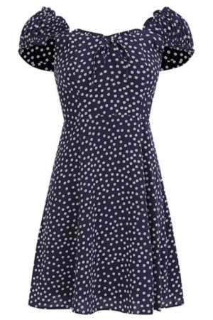 French Vintage One-Shoulder Floral Dress for Women - Summer Dark Blue Fitted A-Line Waist-Cinching Slimming Style