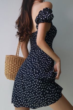 French Vintage One-Shoulder Floral Dress for Women - Summer Dark Blue Fitted A-Line Waist-Cinching Slimming Style