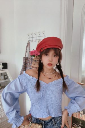 French Vintage One-Shoulder Lantern Sleeve Waist-Defined Short Blue Shirt Top - Early Autumn 2024 Fashion