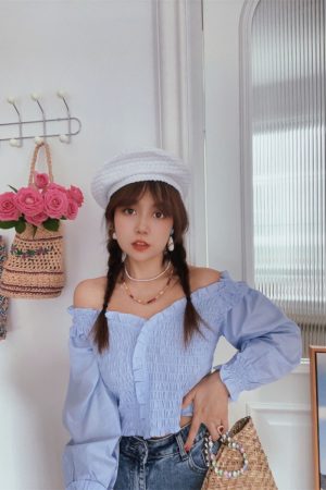 French Vintage One-Shoulder Lantern Sleeve Waist-Defined Short Blue Shirt Top - Early Autumn 2024 Fashion