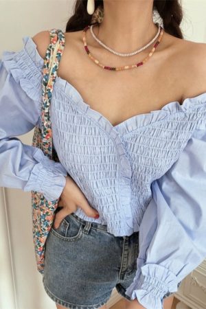 French Vintage One-Shoulder Lantern Sleeve Waist-Defined Short Blue Shirt Top - Early Autumn 2024 Fashion