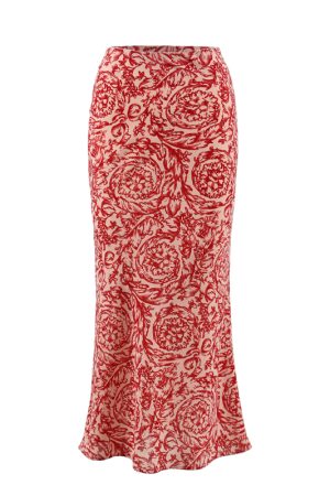 French Vintage Printed Midi Skirt in Bright Red - Vacation Style Long Wrap Skirt for Effortless 90s Chic