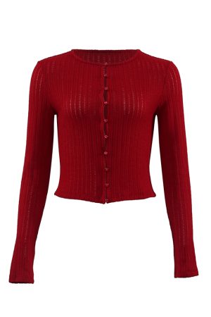 French Vintage Red Hollow Knit Cardigan for Women - Slim Fit, Flattering Round Neck, Long Sleeve - Stylish 90s Inspired Top
