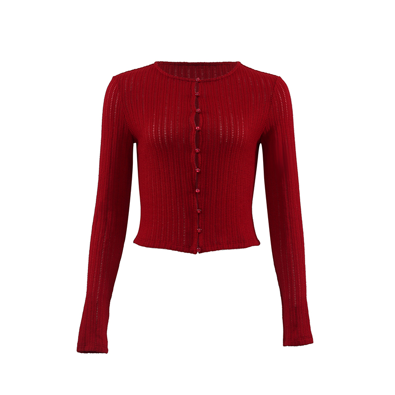 French Vintage Red Hollow Knit Cardigan for Women - Slim Fit, Flattering Round Neck, Long Sleeve - Stylish 90s Inspired Top French Vintage Red Hollow Knit Cardigan for Women - Slim Fit, Flattering Round Neck, Long Sleeve - Stylish 90s Inspired Top