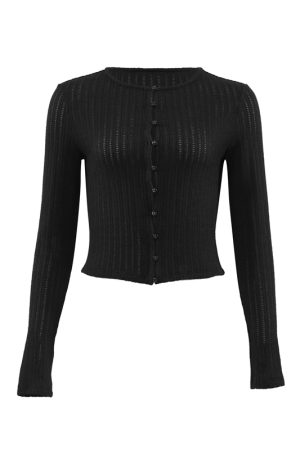 French Vintage Red Hollow Knit Cardigan for Women - Slim Fit, Flattering Round Neck, Long Sleeve - Stylish 90s Inspired Top