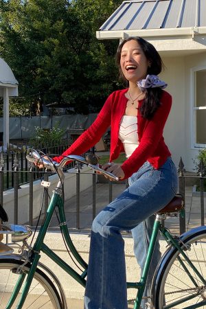 French Vintage Red Hollow Knit Cardigan for Women - Slim Fit, Flattering Round Neck, Long Sleeve - Stylish 90s Inspired Top