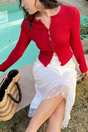 French Vintage Red Hollow Knit Cardigan for Women - Slim Fit, Flattering Round Neck, Long Sleeve - Stylish 90s Inspired Top